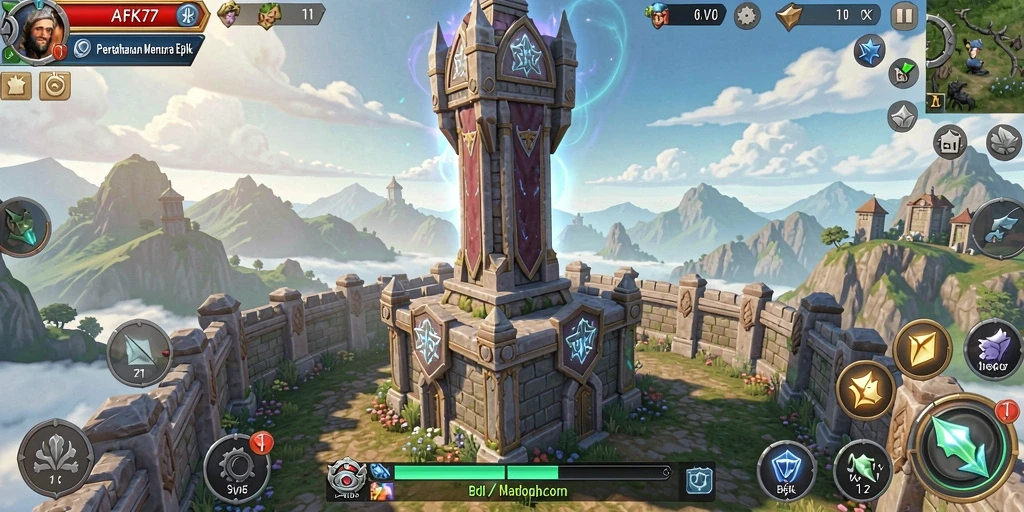 Screenshot gameplay menawan dari AFK77 menunjukkan pertempuran Tower Defense yang intens.