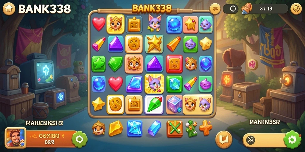 Screenshot BANK338 menampilkan gameplay Match-3 yang seru dan interaktif.