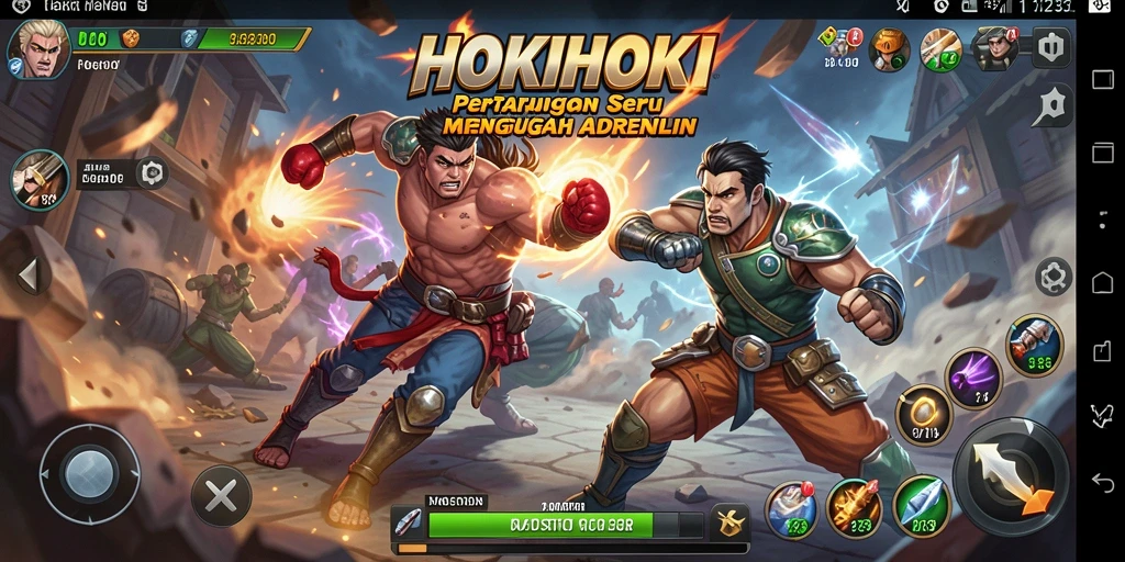 Screenshot gameplay HOKIHOKI yang menunjukkan pertarungan mendebarkan