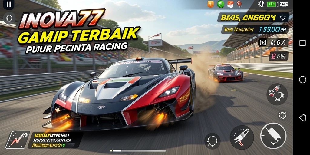 Tampilan aksi balapan seru di INOVA77 dengan mobil cepat dan lintasan menantang.