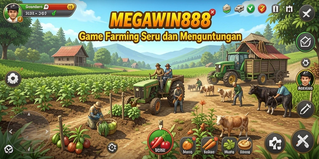 Screenshot utama MEGAWIN888 menampilkan gameplay bertani yang menarik.