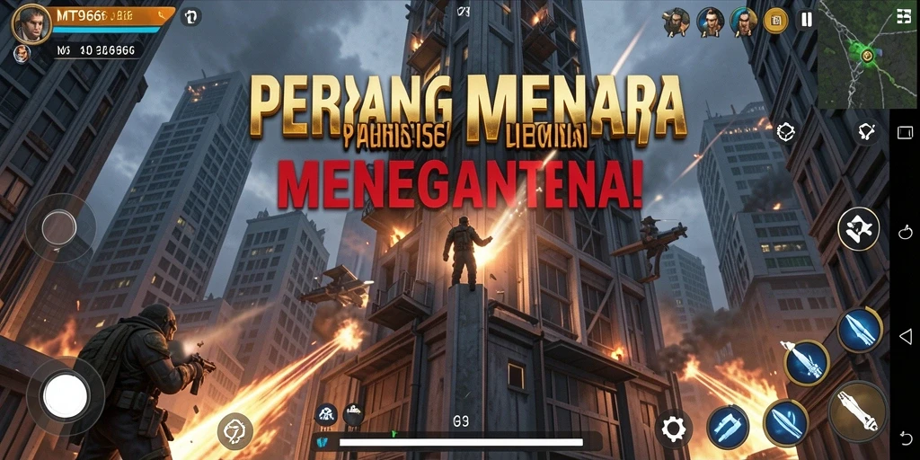 Tampilan gameplay MT966 saat melawan gelombang musuh di benteng.
