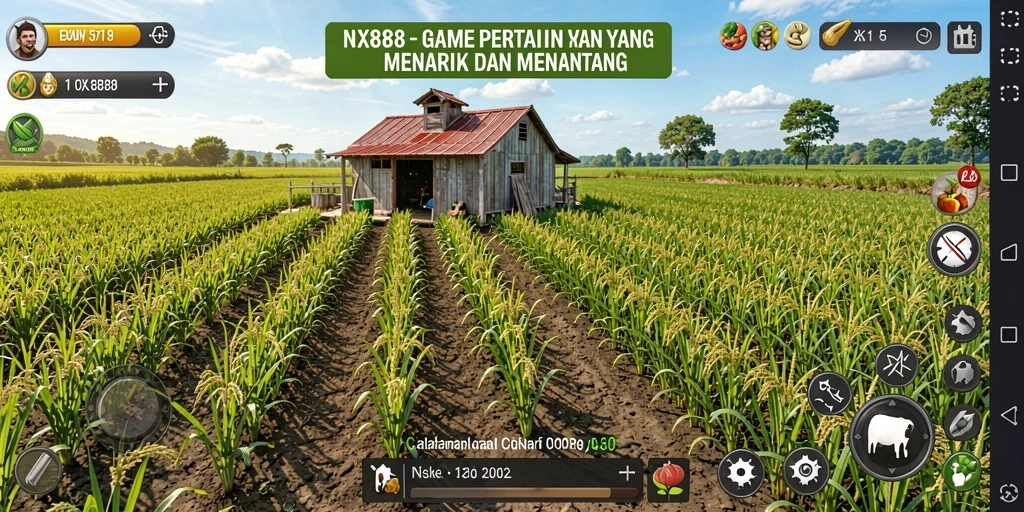 Screenshot gameplay NX888 menampilkan kebun yang subur dan aktivitas pertanian yang menarik.