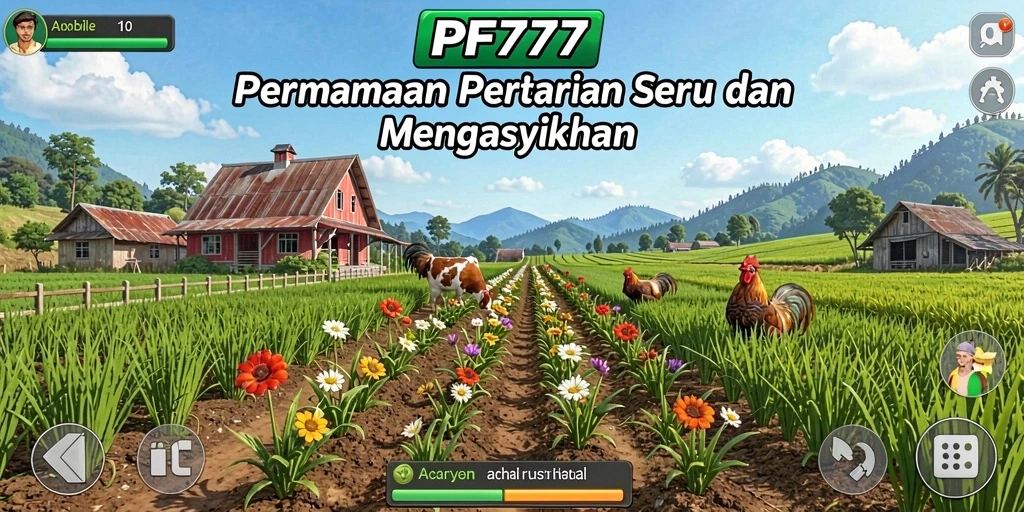 Tampilan gameplay PF777 dengan ladang hijau dan hewan ternak.