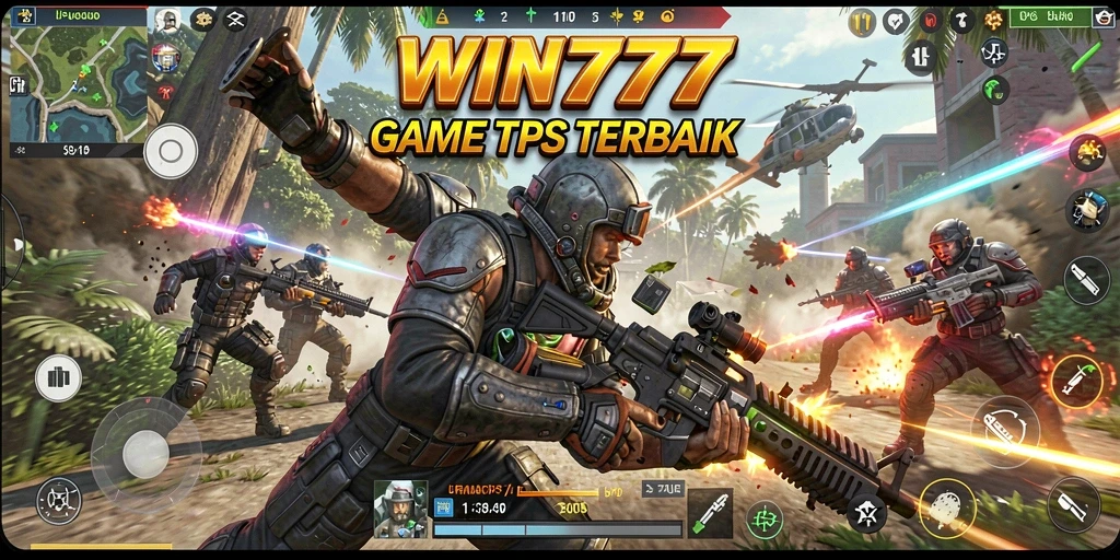 Screenshot gameplay WIN777 menampilkan aksi pertempuran TPS yang mendebarkan.